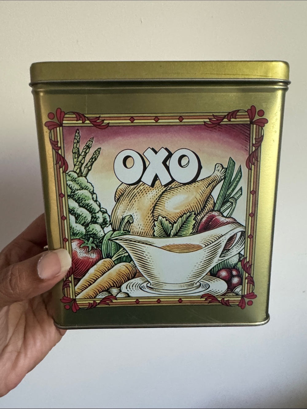 OXO Gold Metal Tin with Colorful Vegetable Illustration